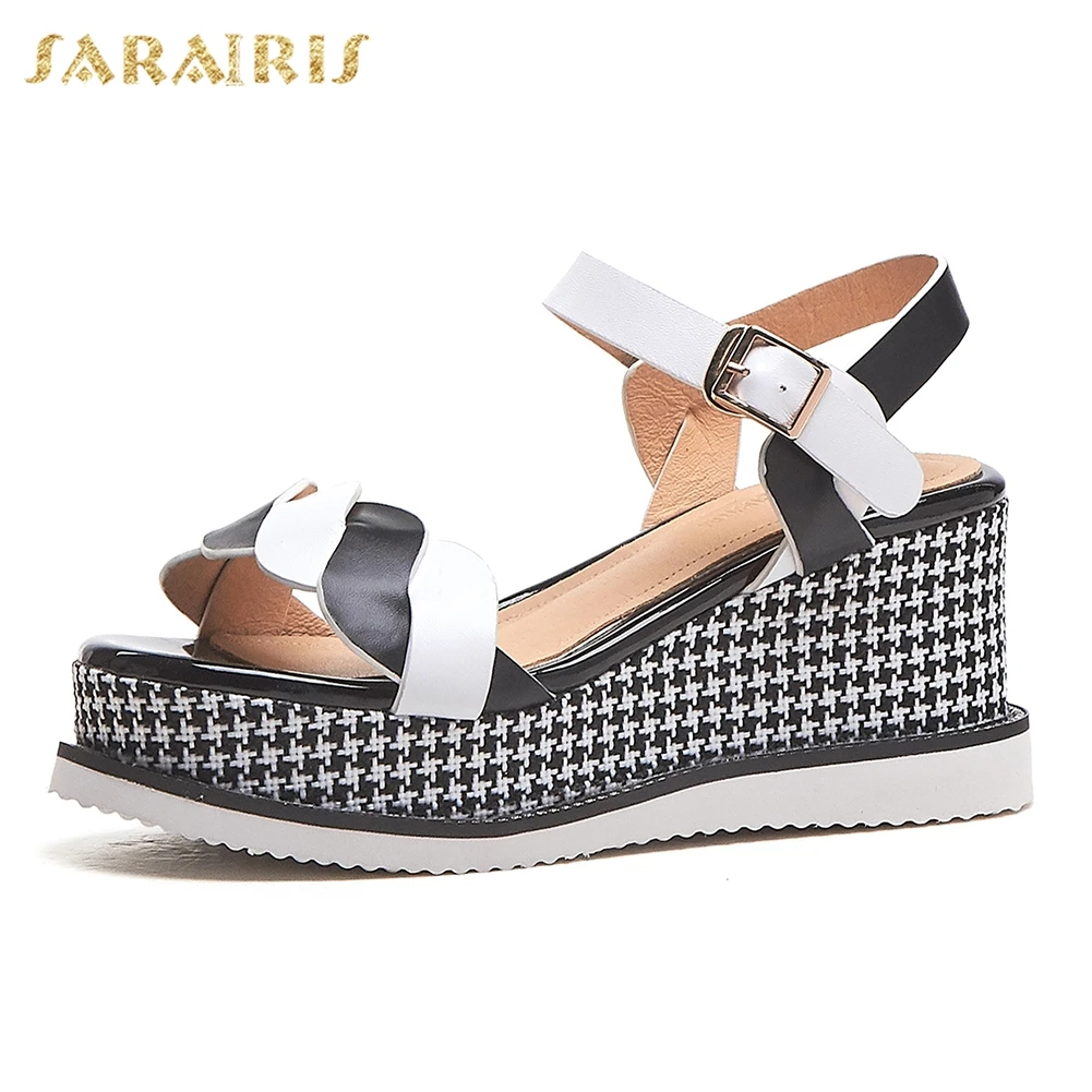 

Sarairis Fashion 2019 Genuine Leather Wedge High Heels Shoes Woman Sandals Female Platform Mix Color Sandals Woman Shoes