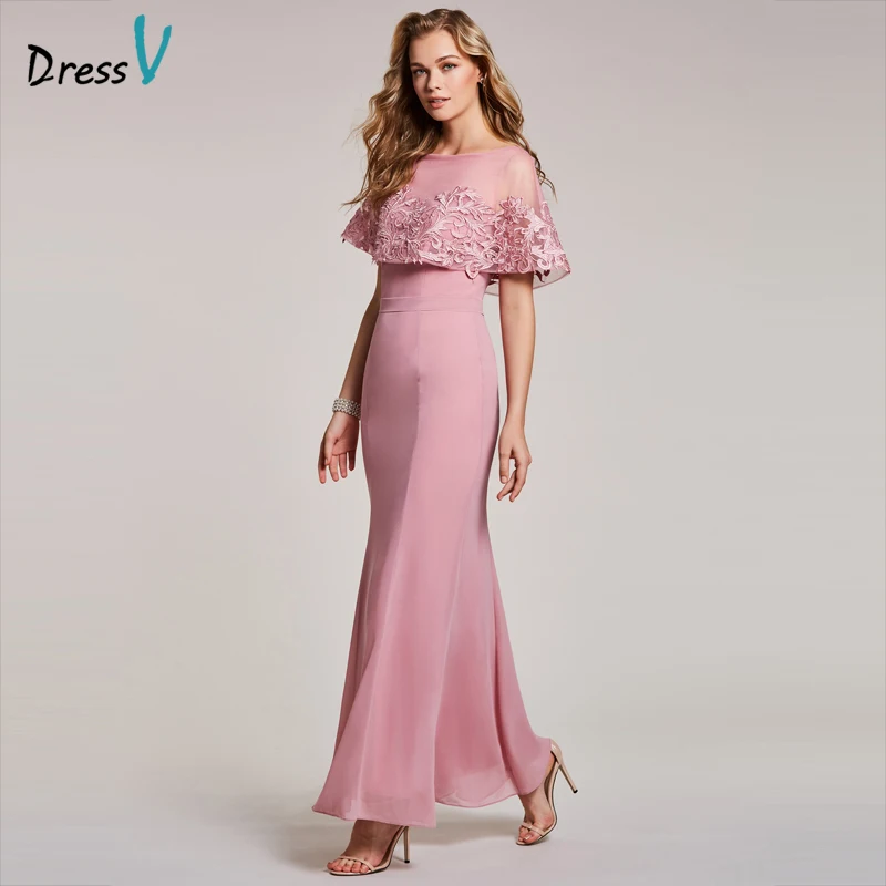 Dressv Peach Evening Dress Cheap Scoop Neck Short Sleeves Mermaid Floor Length Wedding Party Formal Dress