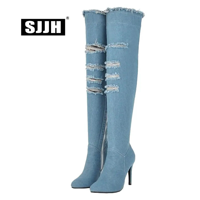 

SJJH Women Denim Stiletto Long Boots with Point Toe Short Plush Over-the-Knee Chelsea Boots Autumn Fashion Shoes Large Size A946