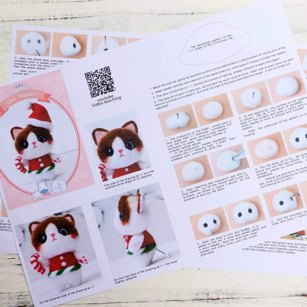 Novelty Cat Felt Craft Kit Wear Christmas Hat Animal Wool Needle Felting for Kids Children Funny Gift