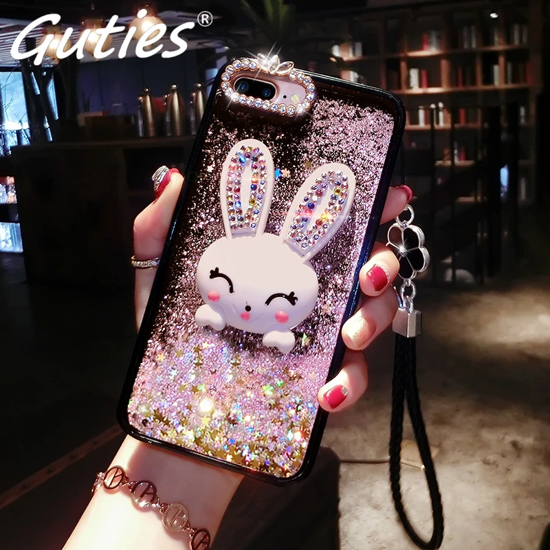 Guties Блестящий с жидкостью зыбучий песок Алмазный чехол для телефона для iPhone 6 6S 7 8 Plus X Блестящий ПК Блестящий 3D чехол-кролик крышка fundas