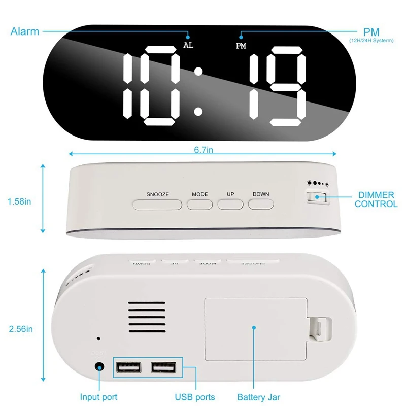 Будильник цифровой зеркальной поверхности диммер большой светодиодный дисплей с двумя портами Usb зарядное устройство Повтор сна таймер для украшения спальни