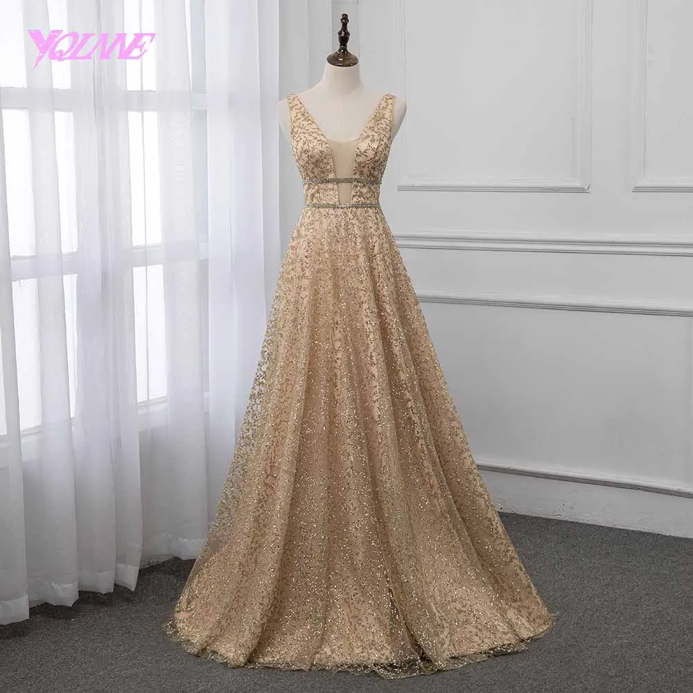 

YQLNNE 2019 Shining Long Prom Dress Formal Gown Deep V Neck Sleeveless Dresses