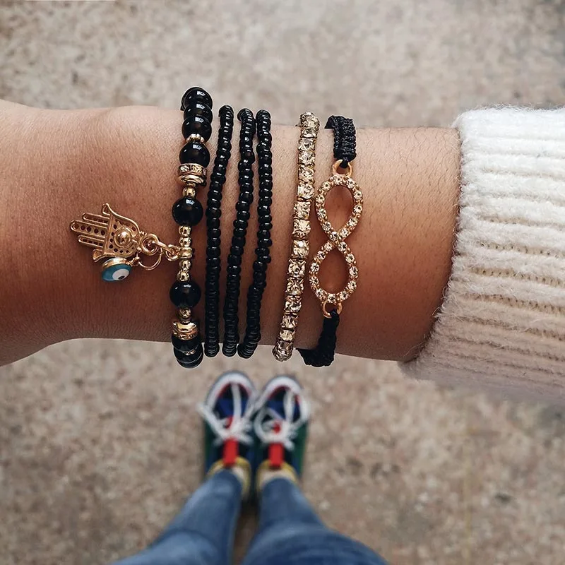 

6pcs/set Black Beads Crystal Forever Infinity Symbol Bracelet Fatima Hand Bracelet Bangle for Women Gold Tennis Bracelet Jewlery