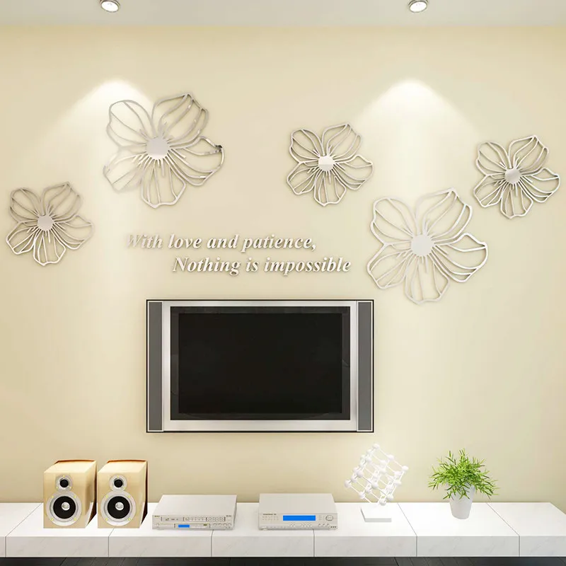 

New Design Geometry Flower Shape Acrylic Wall Sticker DIY 3D Sliver Wall Stickers 206*94.2cm Room Decoration adesivo de parede