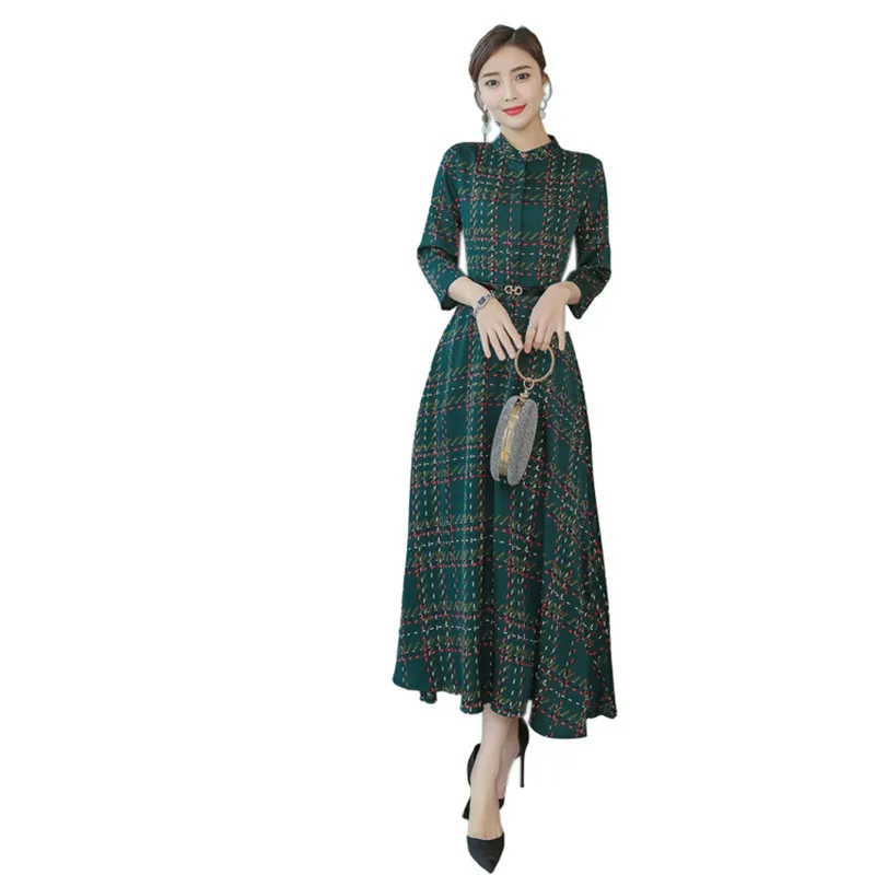 

Elegant Women Vintage Stylish Boho 3/4 Sleeve Green Plaid Belted Long Chiffon Dress High Waist A-Line Maxi Casual Party Dresses