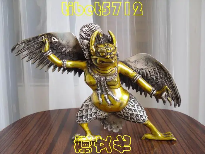 

H 150mm Decorated tall Tibet Buddhism Silver godlen painted bronze Garuda Bird God Statue wholesale Decoration real Silver Brass