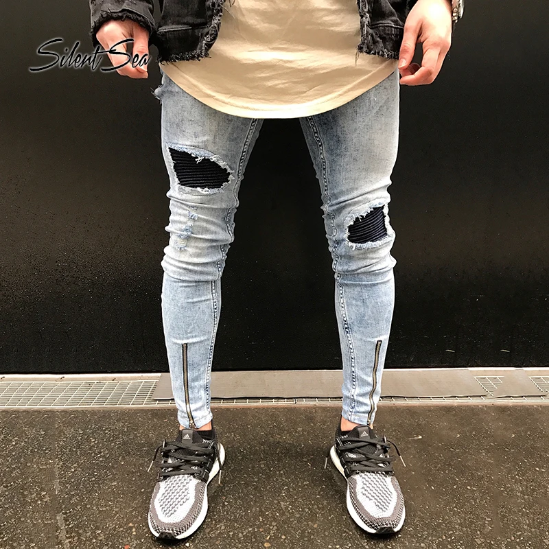 Silentsea Distressed Men's Jeans Mens Streetwear Ripped Zipper Men's