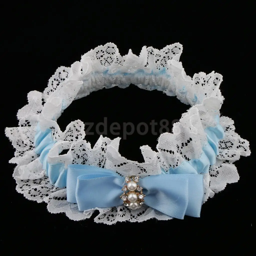 Wedding Bridal Lace Garter Pearls Rhinestone Satin Bow Thigh Ring Keepsake &Toss White and Blue