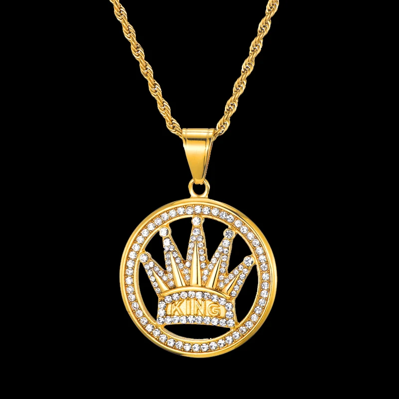 HIP Hop Bling Iced Out Cubic Zirconia Crown Necklaces Titanium Stainless Steel Round Necklaces& Pendants for Men Jewelry