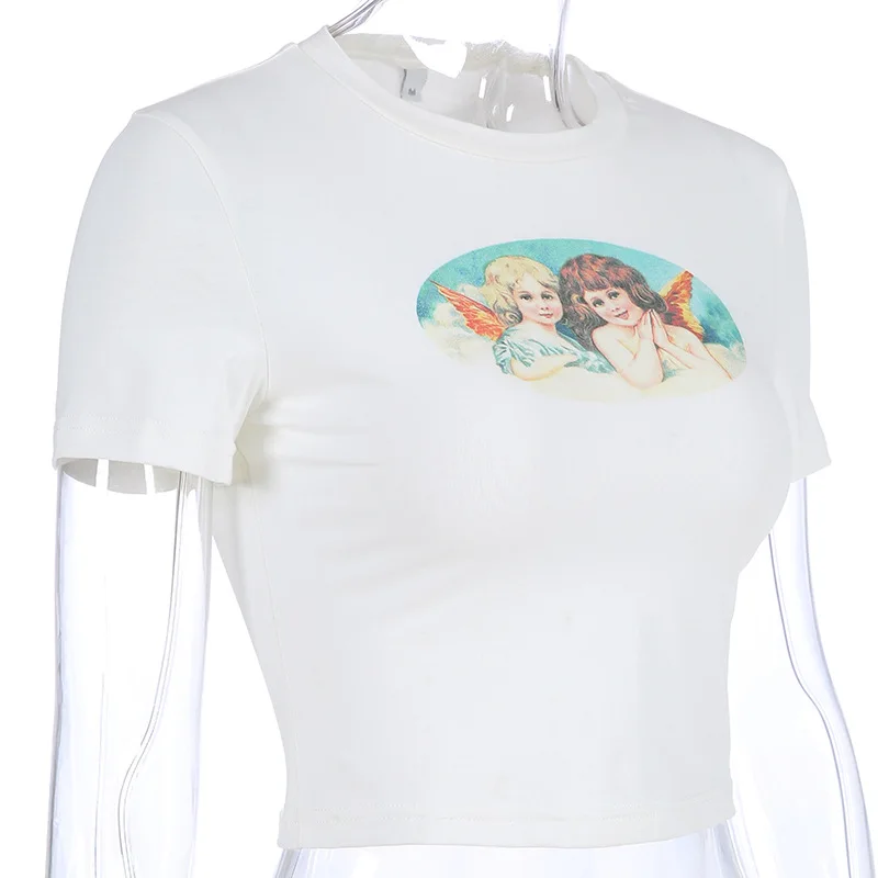 Женская футболка с криптографическим угловым принтом, укороченные топы, женские летние белые футболки с тонкой талией, повседневная укороченная футболка, женские футболки