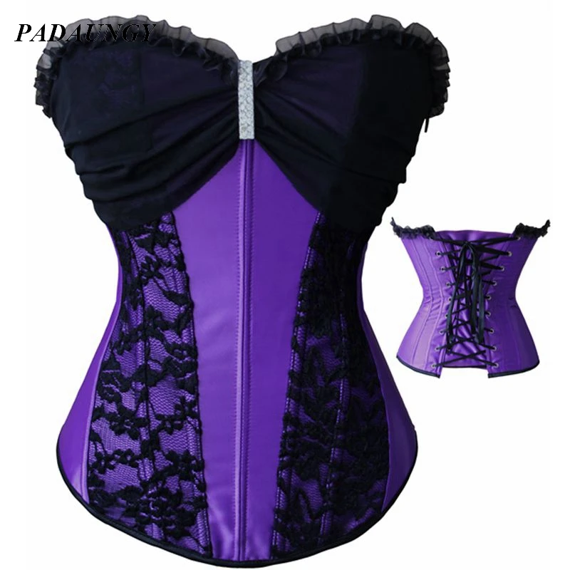 PADAUNGY Lace Up Corset Waist Trainer Rhinestone Gothic Corsets
