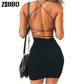 נשים סקסי המפלגה Bodycon שמלות ללא משענת ספגטי רצועות Clubwear מיני שמלת נמוך צוואר זרוק חינם