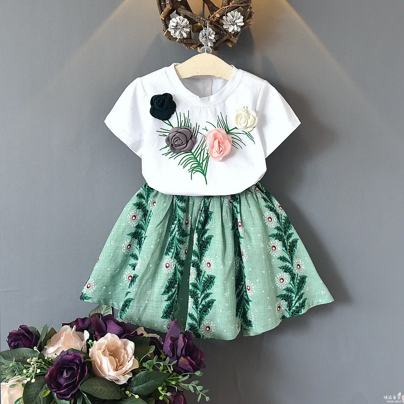 

2019 Summer Girls Clothes Children Suit Girl Set Flower T-shirt + Skirt 2PCS Girls Clpthing Sets