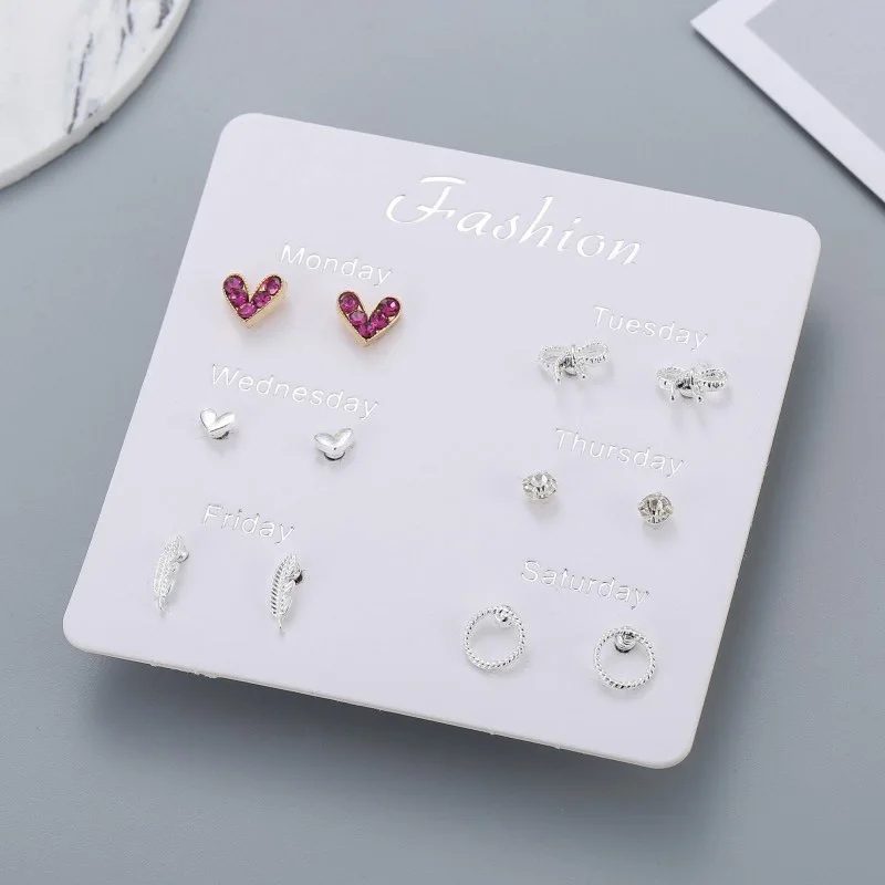 

6 Pairs/set Cute Stars Heart Crystal Geometric Earrings 2019 Fashion Stud Earrings Set For Women Jewelry Gift Monday To Saturday