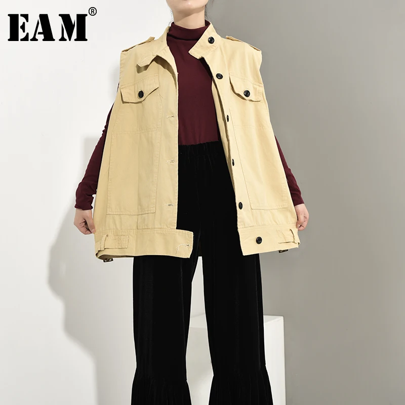 

[EAM] 2019 New Spring Autumn Stand Collar Sleeveless Khaki Button Split Joint Loose Big Size Vest Women Fashion Tide JY2860