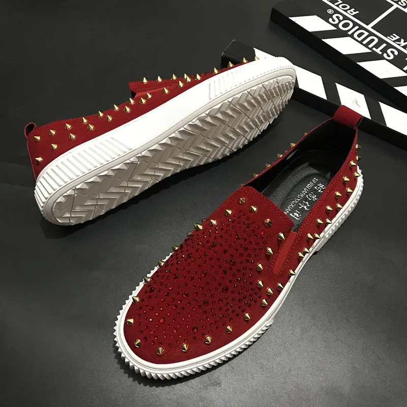 Мужские качественные Модные Серебристые Мокасины с заклепками; цвет красный, черный, белый; повседневная обувь с шипами; Блестящие Кроссовки на плоской подошве; размеры 38-44