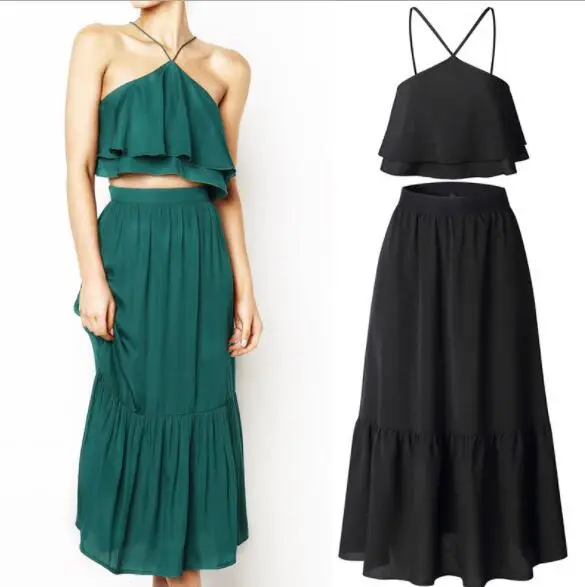 

2 piece set 2019 Summer Women Set Bohemian Sling Sleveeless Wrapped Halter Tank Top Long Skirt Sexy Beach Female Suits