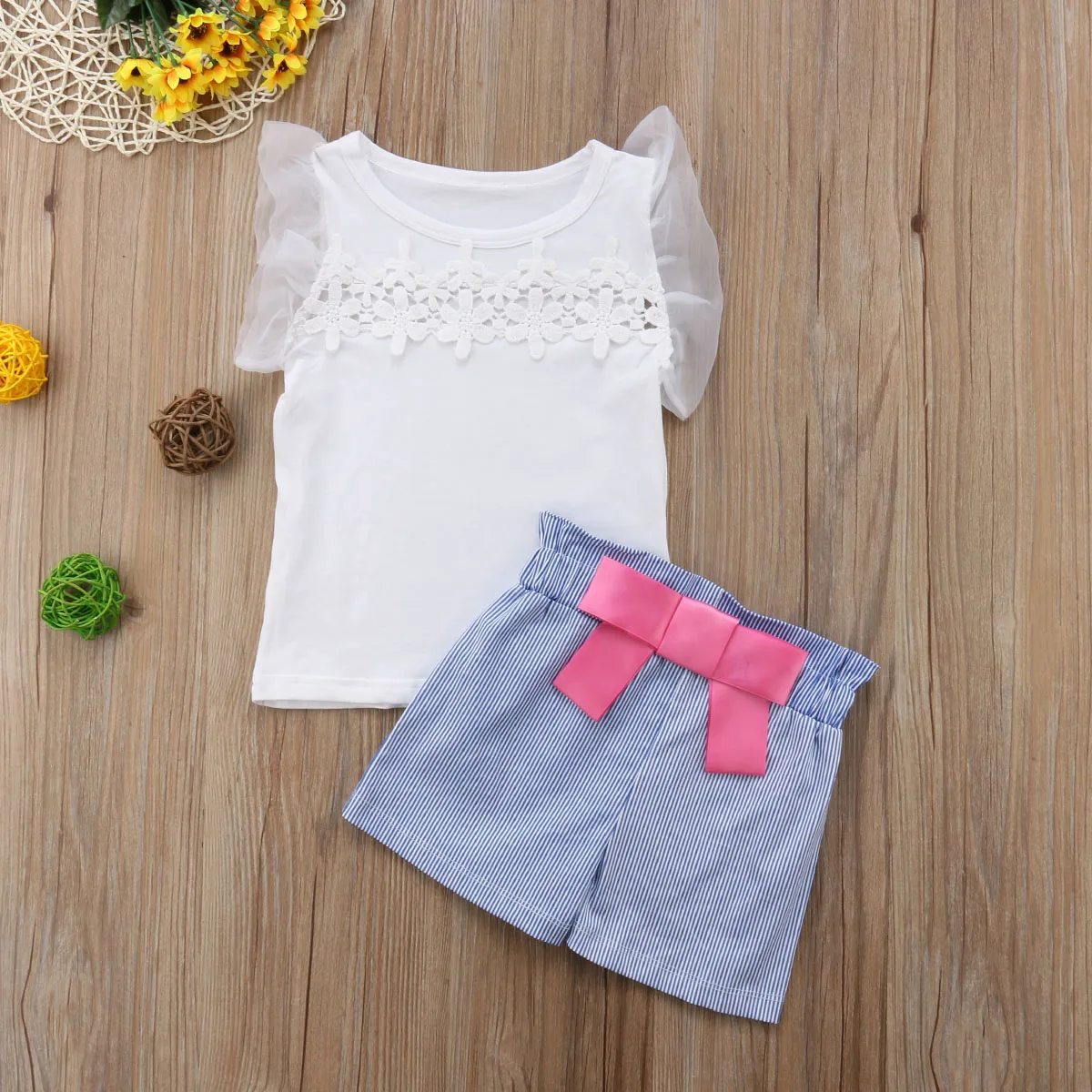 2Pcs New Toddler Baby Girls Lace Ruffle Sleeves Tops + Bowknot Blue