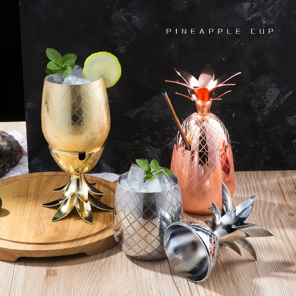 TOPINCN Pineapple Cup Stainless Steel Pineapple Cup Wine Cocktail Cup Mug Drinking Bar Tool Rose Gold