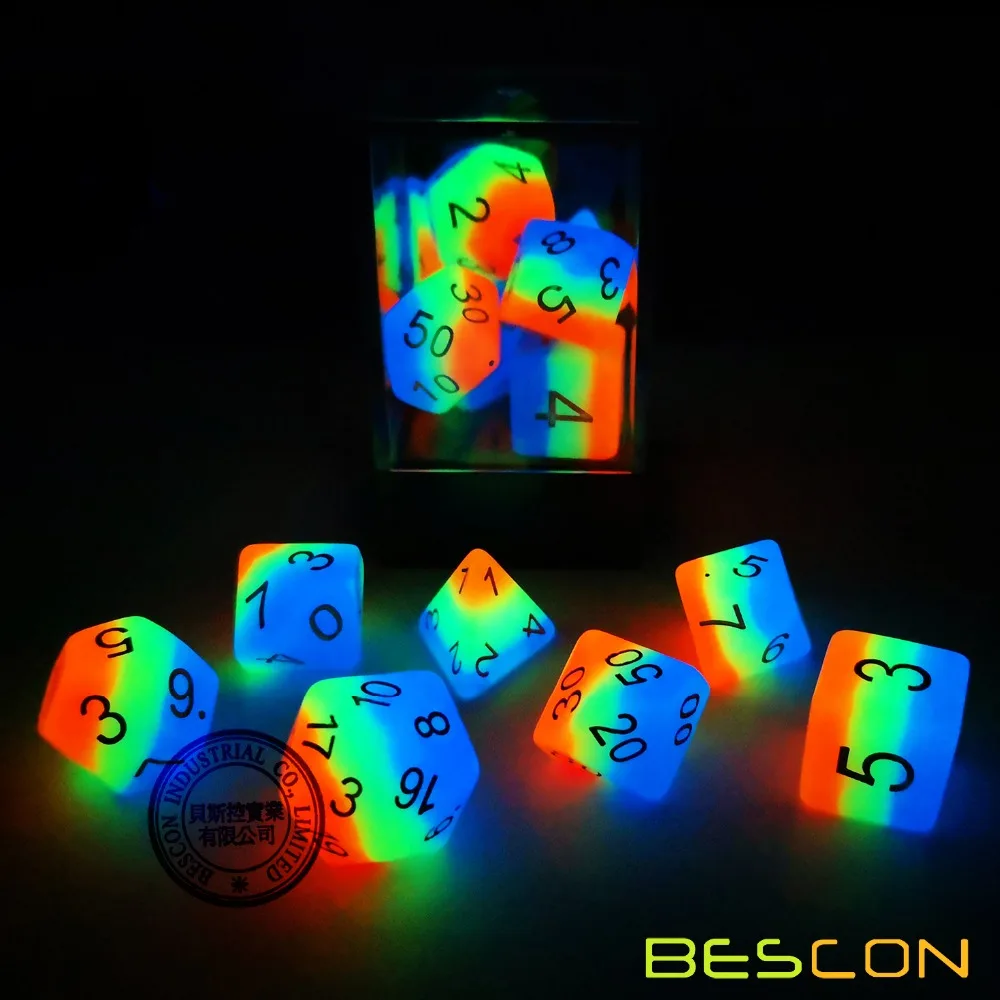 Bescon Glowing Polyhedral Dice 7pcs Set FRENCH KISS, Luminous RPG Dice Glow in Dark, DND Role Playing Game Dice 4