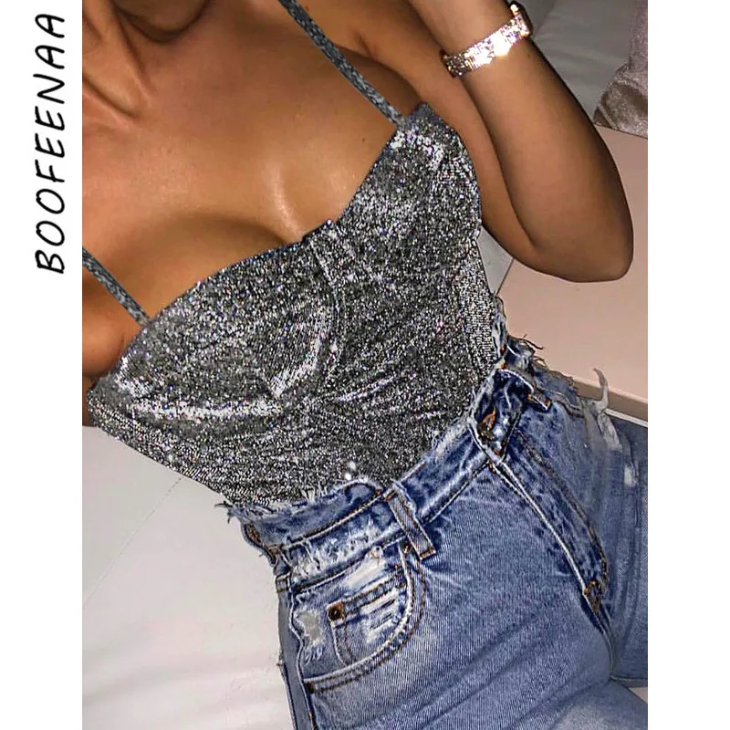 BOOFEENAA Silver Sparkly Sexy Bodysuit Women Luxury Bandage Bodycon Jumpsuit Clubwear Summer 2019 Body Suits Tops C71-AZ15 BOOFEENAA Silver Sparkly Sexy Bodysuit Women Luxury Bandage Bodycon Jumpsuit Clubwear Summer 2019 Body Suits Tops C71-AZ15