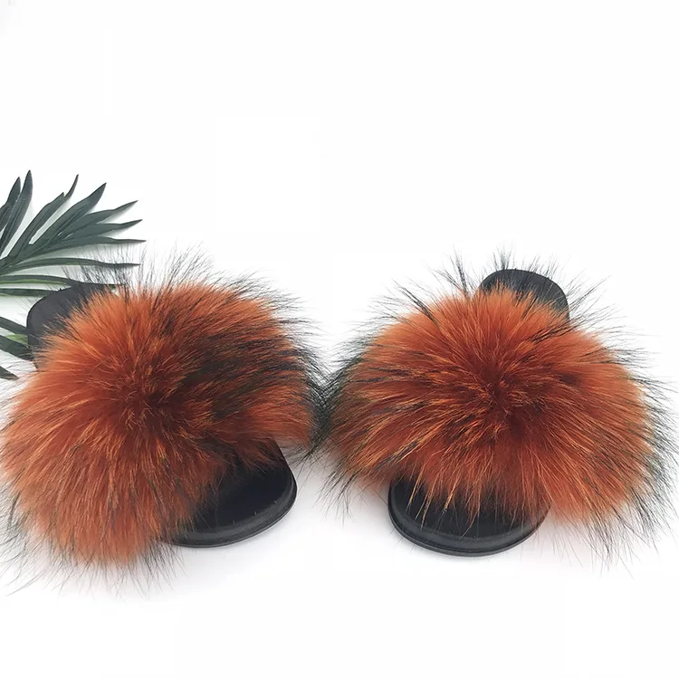 Real Raccoon Fur Slippers Women Sliders Casual Fox Hair Flat Fluffy Fashion Home Summer Big Size 45 Furry Flip Flops Shoes