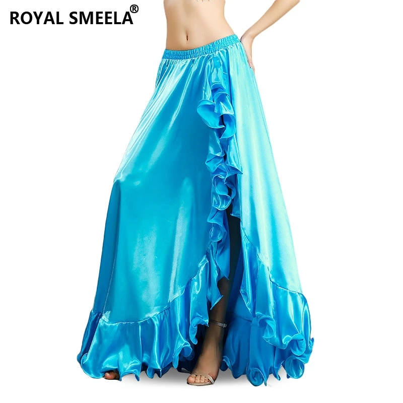 SatinbellydancingskirtlongRuffleSkirtstagebellydancecostumesplitbigswingskirt