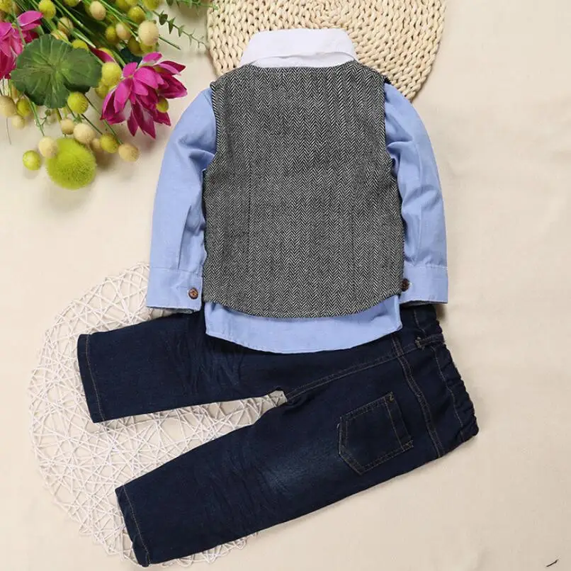Одежда для маленьких джентльменов, одежда для маленьких мальчиков хлопковая синяя рубашка, жилет+ пара джинсов комплект детской одежды из 3 предметов
