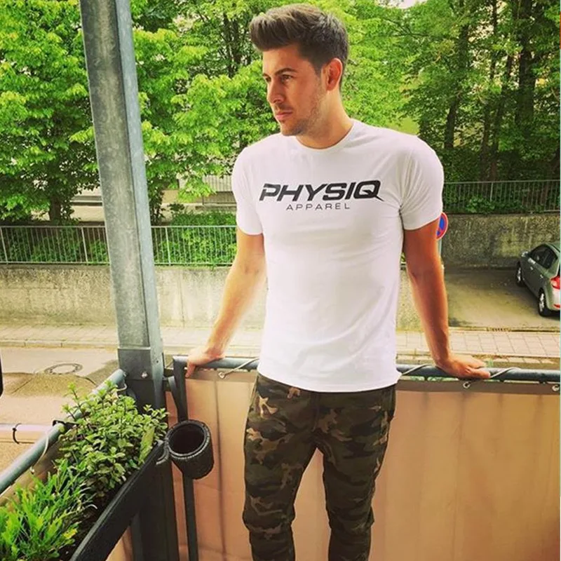 PHYSIQ العلامة التجارية الرجال القمصان القطنية الأزياء عارضة الجمنازيوم اللياقة البدنية كمال الاجسام تجريب قصيرة الأكمام المحملات الصيف نمط ا...