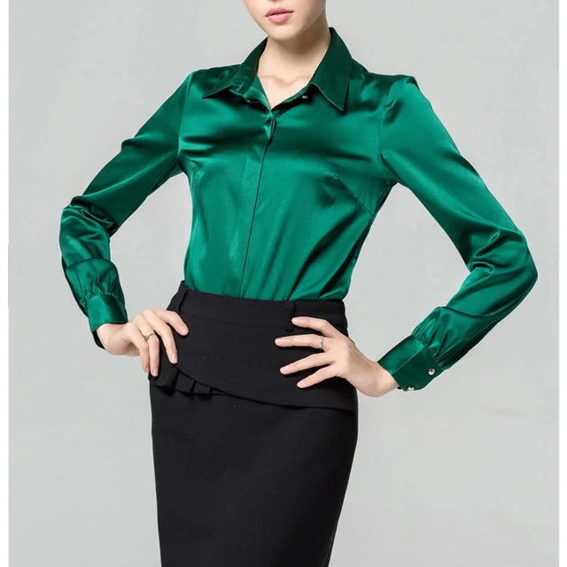S Xxxl Women Fashion Silk Satin Blouse Button Ladies Silk Blouses Shirt 