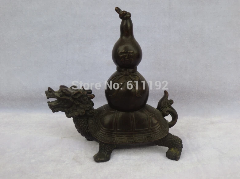 

7.5 Inch Antique FengShui decoration Metal crafts,Handmade Copper Dragon turtle statue gourd sculpture