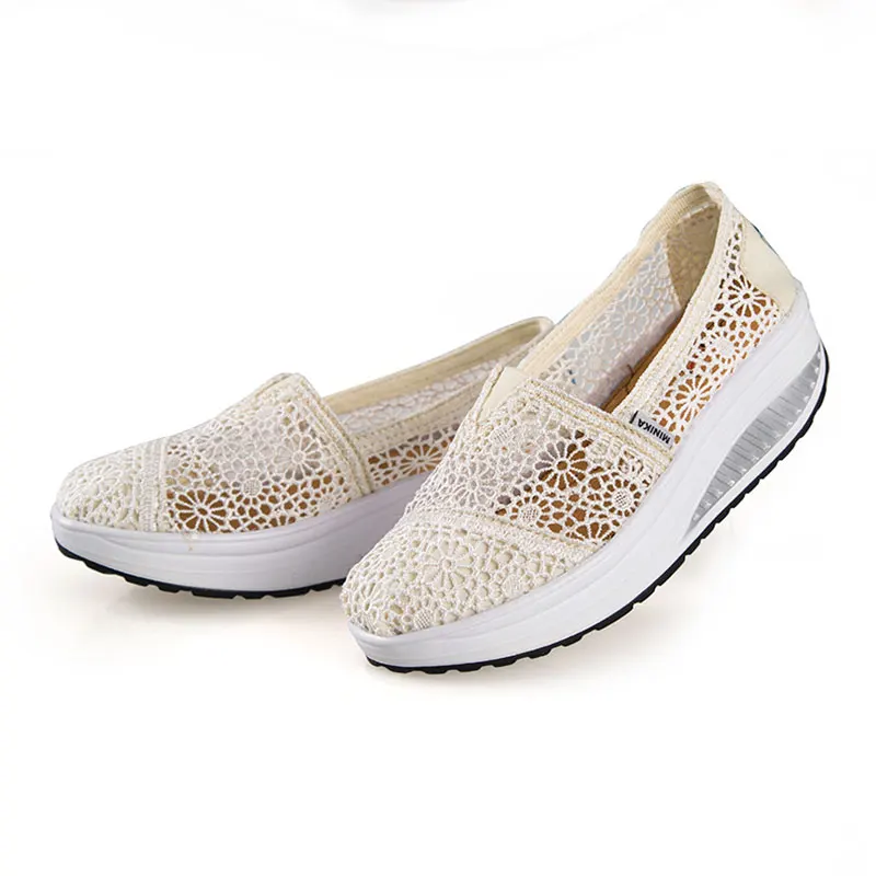 

Women Breathable Hollow Out Mesh Slip On Shoes Light Rocking Sports Shoes Slimming Wedge Sneakers