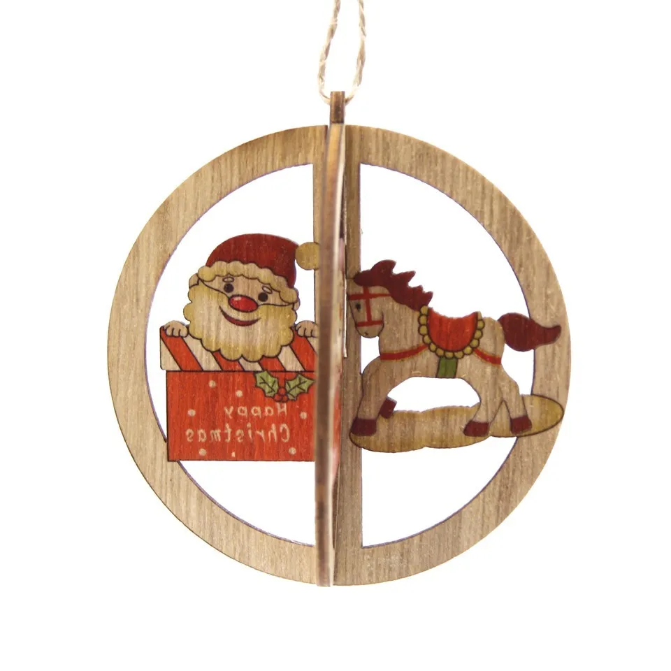 3 набора, 3D креативные рождественские деревянные подвески, украшения, сделай сам, звезда и сердце, деревянные поделки, рождественские украшения, елочные украшения, детские подарки - Цвет: Round Santa Horse