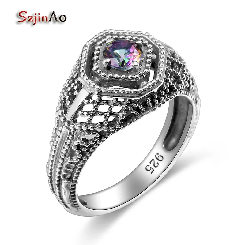 

Szjinao Usa Classic Luxury Brand Women's Vintage Ring 925 Sterling Silver Jewelry AAAAA Rainbow Topaz Party Anniversary Gift