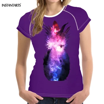 

INSTANTARTS Purple Galaxy Pineapple Print T Shirt Women Funny Fruit Design Short Sleeve Tee Clothes for Girls Harajuku T-shirts