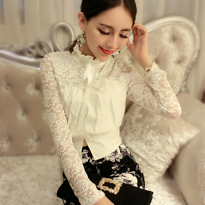 

2019 Autumn Japan Style Hollow Out Blouse Shirt Women Long Sleeve High collarWhite Lace Shirt Tops Solid Color Short clothes