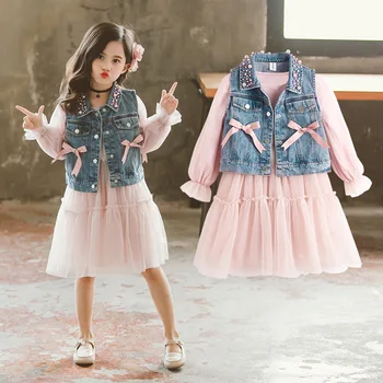 Cowboy Jackets Girls Dress New Spring Long Sleeves Pink Lace Dress Kids Dresses For Girls Autumn Clothing Party Princess Costume 1