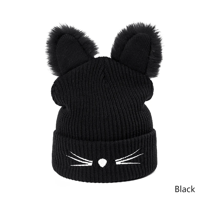 Black REAKIDS, модные шапочки Skullies, зимняя шапка для малышей, теплая детская шапка с ушками кота, Вязаная хлопковая шапка для девочек и мальчиков, шапочки для детей - Цвет: Black