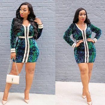 

Shinny Sexy Dress Green Long Sleeve V-Neck Sequin Elegant Mini Bodycon Dresses Woman Party Night Clothing Wear Summer 2019 DT622