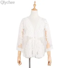 Qlychee Mori Girl Women Cardigan Flower Embroidery Hollow Out Lace See Through Sunproof Casual Loose Coat