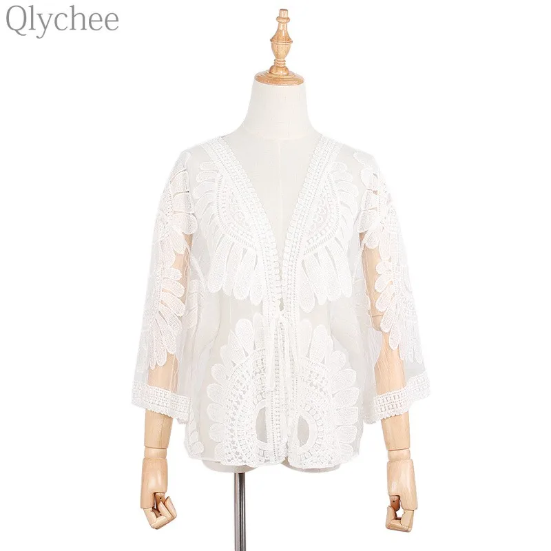 Qlychee Mori Girl font b Women b font Cardigan Flower Embroidery Hollow Out Lace See Through