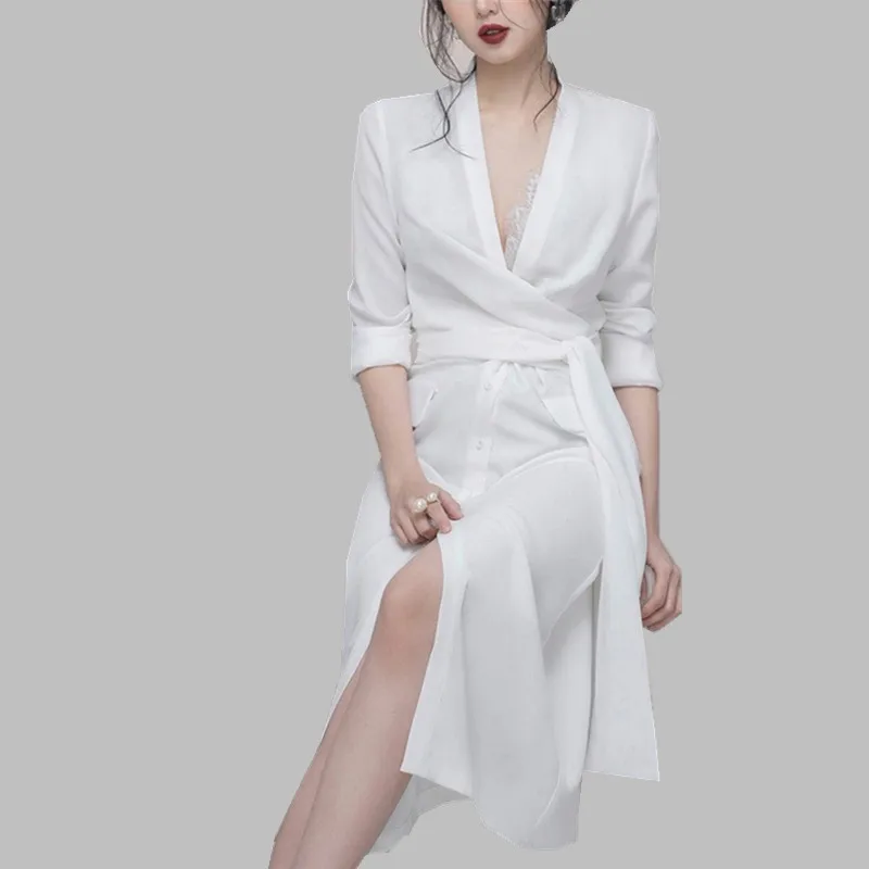 

HAMALIEL Runway New Deep V Neck Shirt Dress 2019 Spring Women Single Breasted Bowknot White Dress Fashion Long Sleeve Vestidos