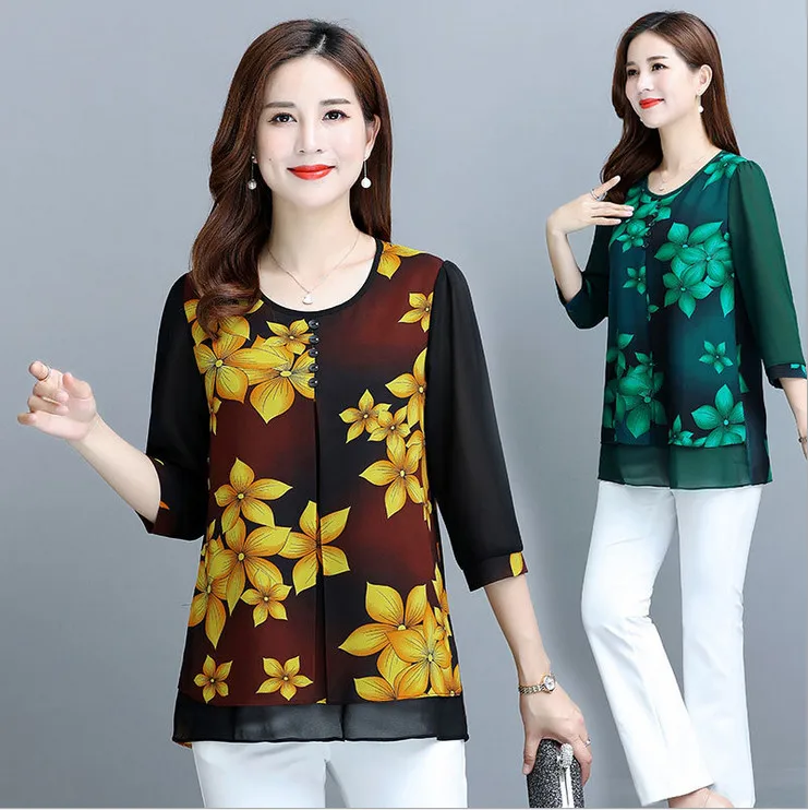 

chiffon t-shirts summer middle age women shirt loose plus size mother o-neck printed three quarter sleeve tops