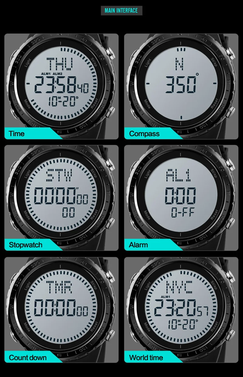 SKMEI Брендовые мужские часы с компасом, водонепроницаемые цифровые уличные спортивные часы 5 АТМ, электронные часы с подсветкой, наручные часы с обратным отсчетом
