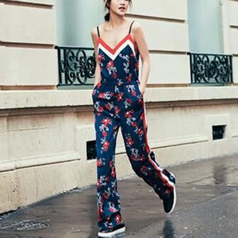 Venda quente de Alta Qualidade 2017 Primavera Verão Pista Mulheres Elegant V neck Spaghetti Strap Macacão Floral Impresso Macacões Retos