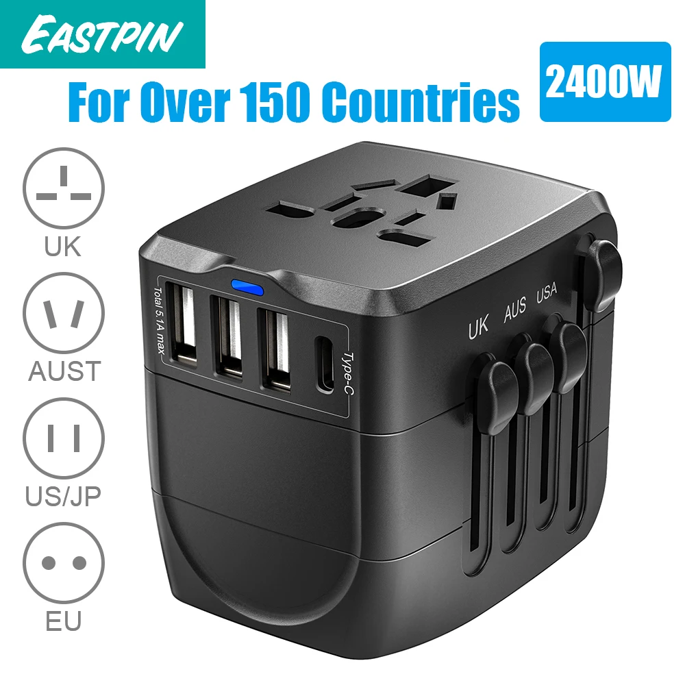 2400W International Travel Power Adapter, Universal 1 Smart Type C&3