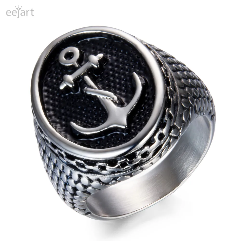 Silver Black Boy Charm Cool Stainless Steel Ring Jewelry Top Quality Classic Vintage Anchor Ring for Men New Biker