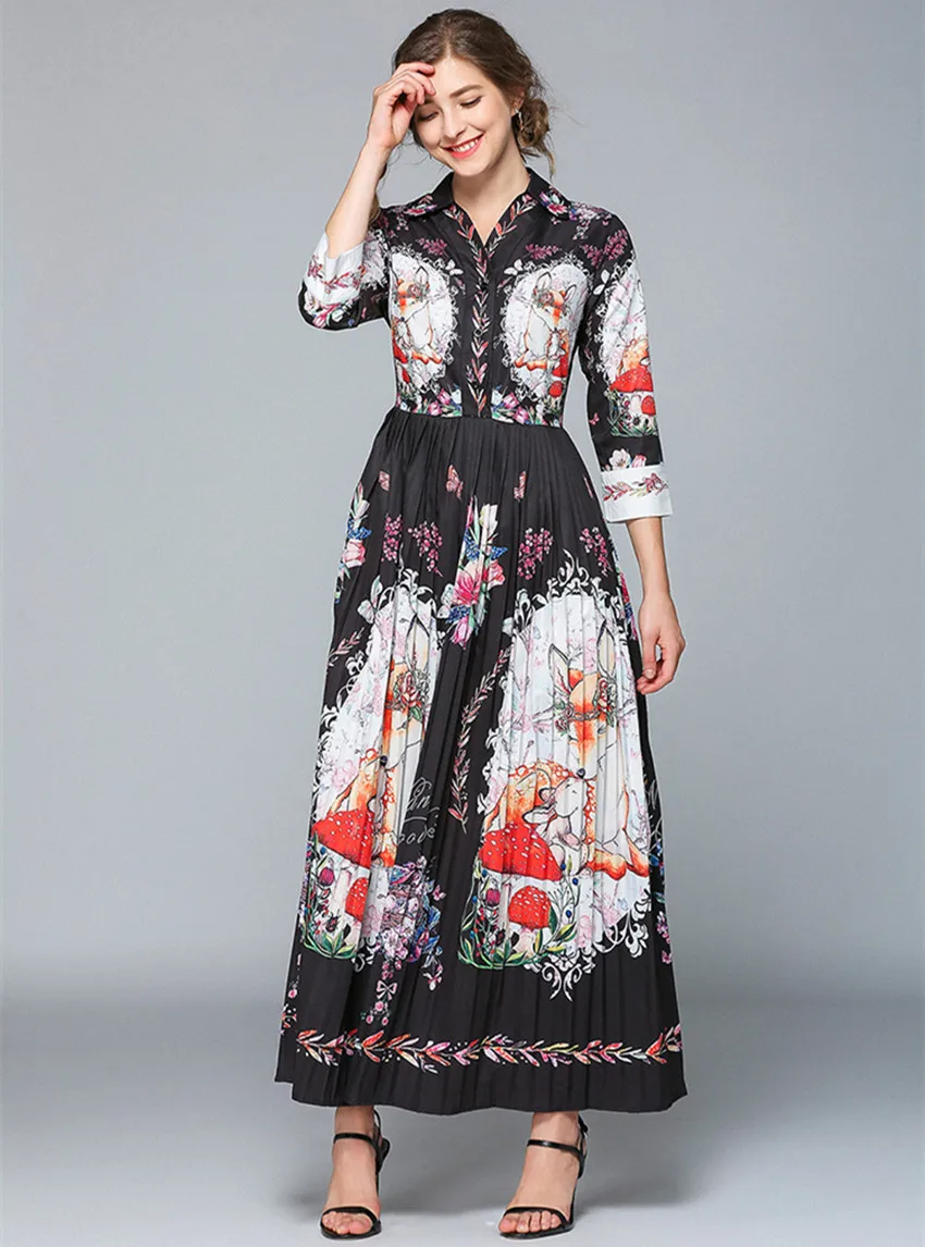 HAMALIEL Vintage Pleated Long Women Dress Summer Print Flowers Turn Down Collar Maxi Dresses Elegant Hit Color Casual Vestidos