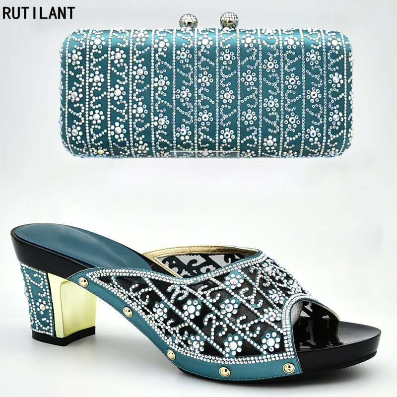 

Latest Design Italian Shoes with Matching Bags High Quality Nigerian Women Wedding Shoes and Bag Set Decorated with Rhinestone